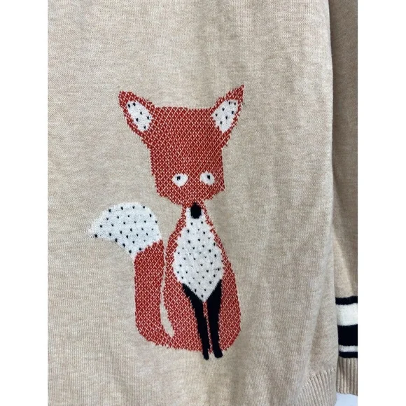 Talbots Womens 100% Cotton Fox Novelty Sweater L Tan Preppy Twee Crewneck - Picture 3 of 8